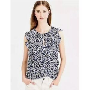 J.Crew Blouse Women 4 Blue Black Floral Cascade Ruffle Blouse Pleated V-Neck Top